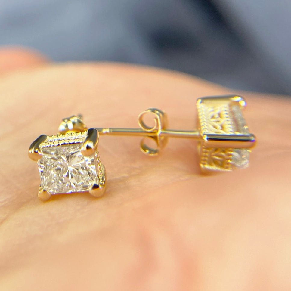 Glistening 1.00 CT Radiant Cut Diamond Stud Earrings in 14KT Yellow Gold - Primestyle.com