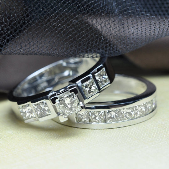 Gorgeous 2.35 CT Round and Princess Cut Diamond Bridal Set in 14 KT White Gold