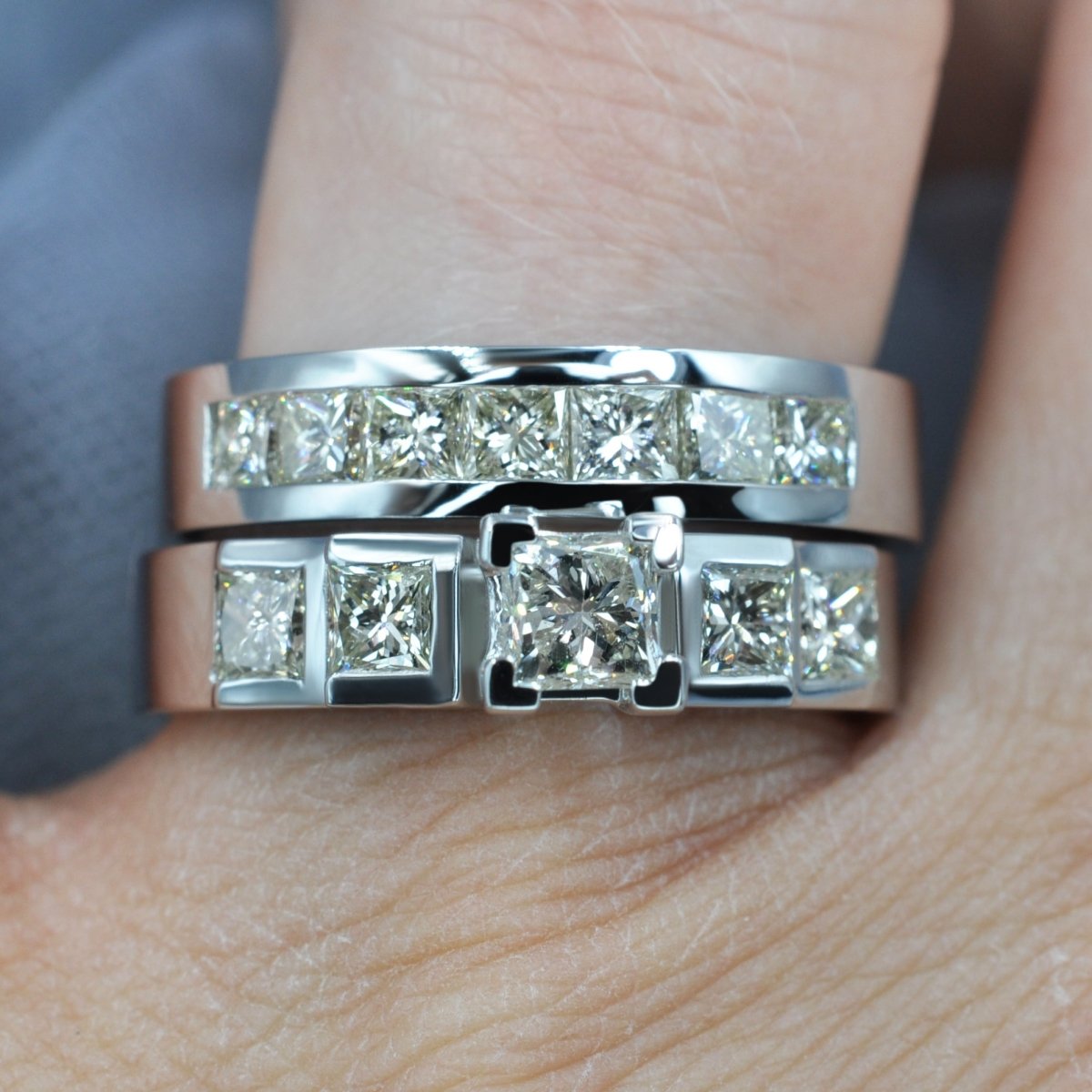 Gorgeous 2.35 CT Round and Princess Cut Diamond Bridal Set in 14 KT White Gold - Primestyle.com