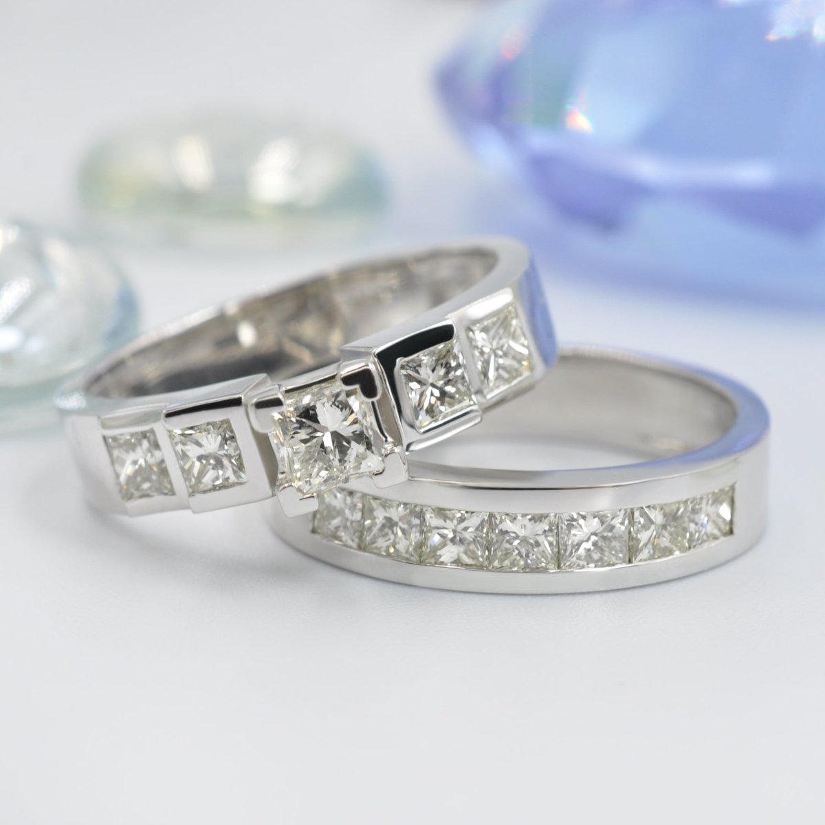 Gorgeous 2.35 CT Round and Princess Cut Diamond Bridal Set in 14 KT White Gold - Primestyle.com