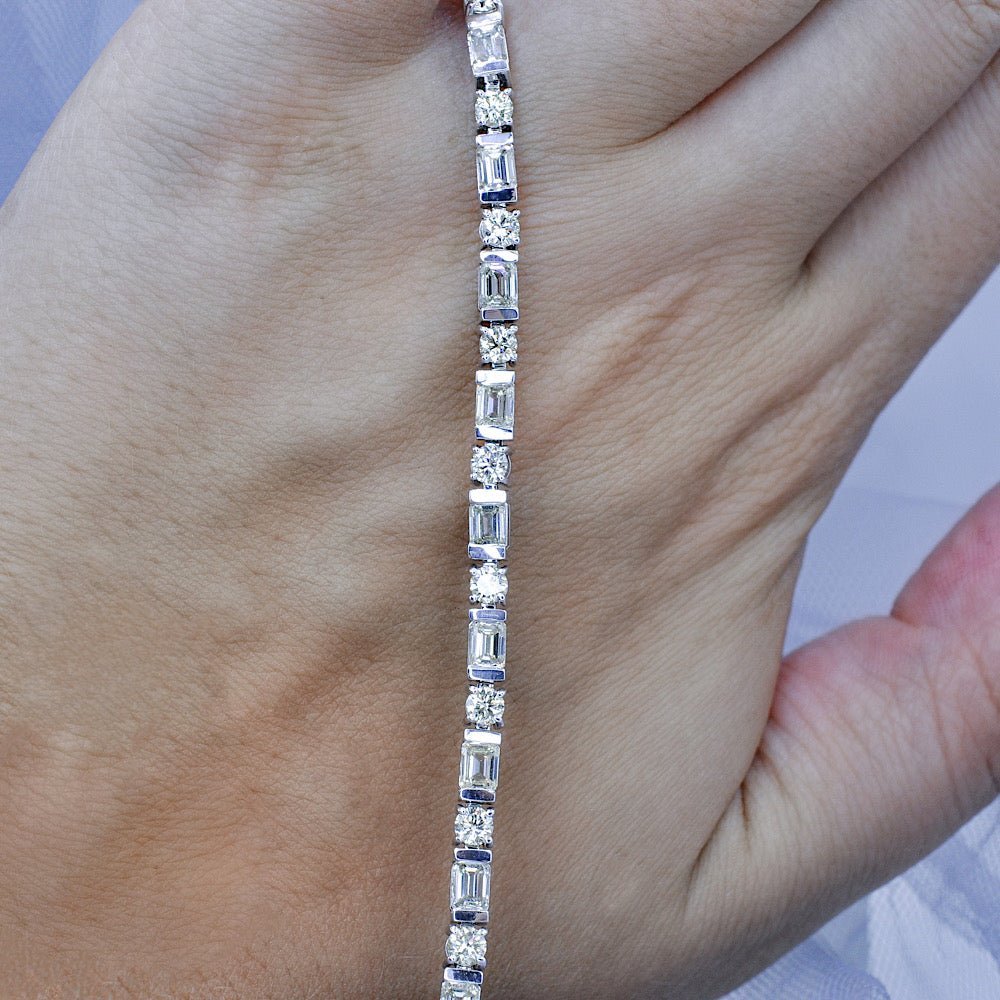 Mesmerizing 6.30CT Emerald and Round Cut Diamond Tennis Bracelet in 18KT White Gold