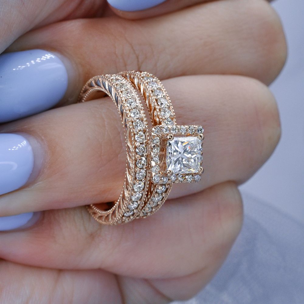 Prestige 1.83CT Princess and Round Cut Diamond Bridal Set in 14KT Rose Gold - Primestyle.com