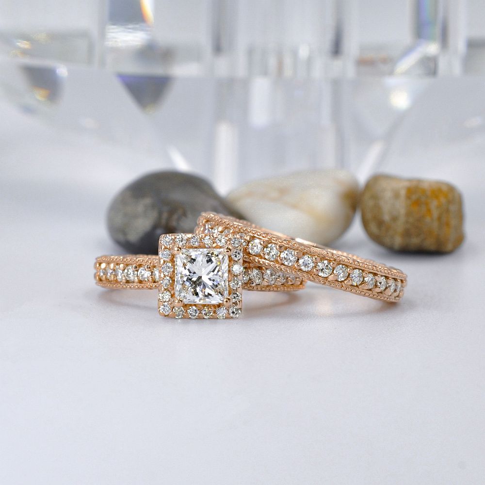 Prestige 1.83CT Princess and Round Cut Diamond Bridal Set in 14KT Rose Gold - Primestyle.com