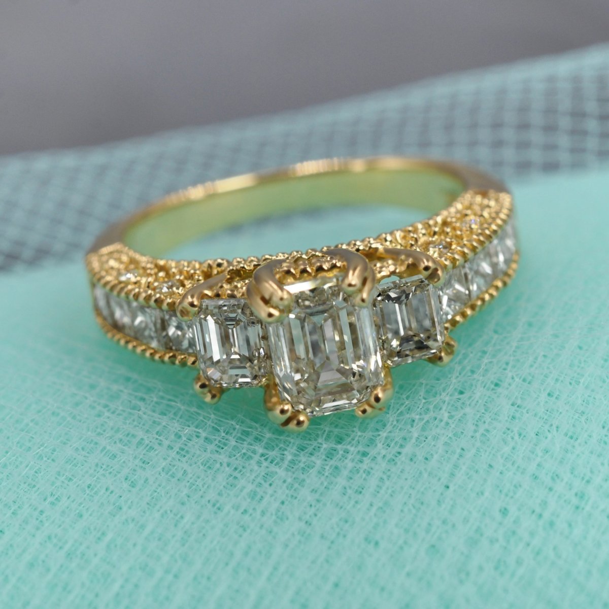 Prestige 2.60 CT Emerald, Princess, and Round Cut Diamond Engagement Ring in 18KT Yellow Gold - Primestyle.com