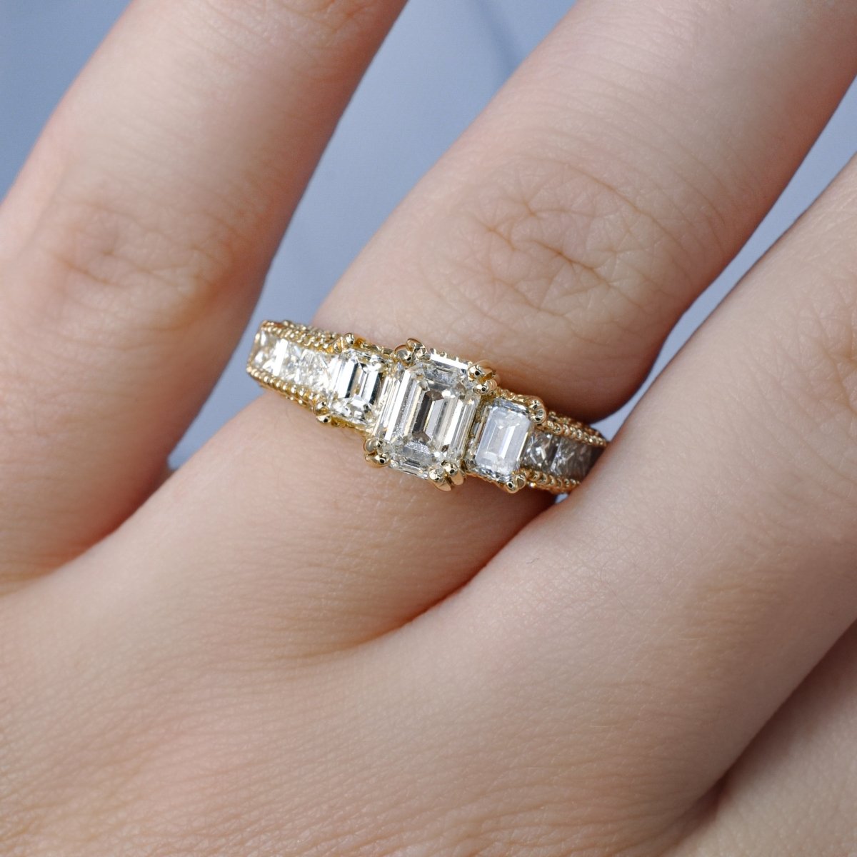 Prestige 2.60 CT Emerald, Princess, and Round Cut Diamond Engagement Ring in 18KT Yellow Gold - Primestyle.com