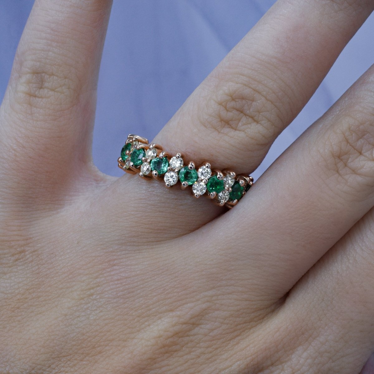 Prestige 4.00 CT Round Cut Diamond and Green Emerald Eternity Ring in 14KT Rose Gold - Primestyle.com