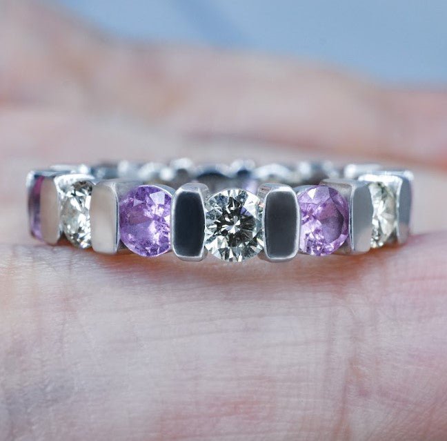 Radiant 3.20CT Round Cut Diamond and Pink Sapphire Eternity Ring in Platinum