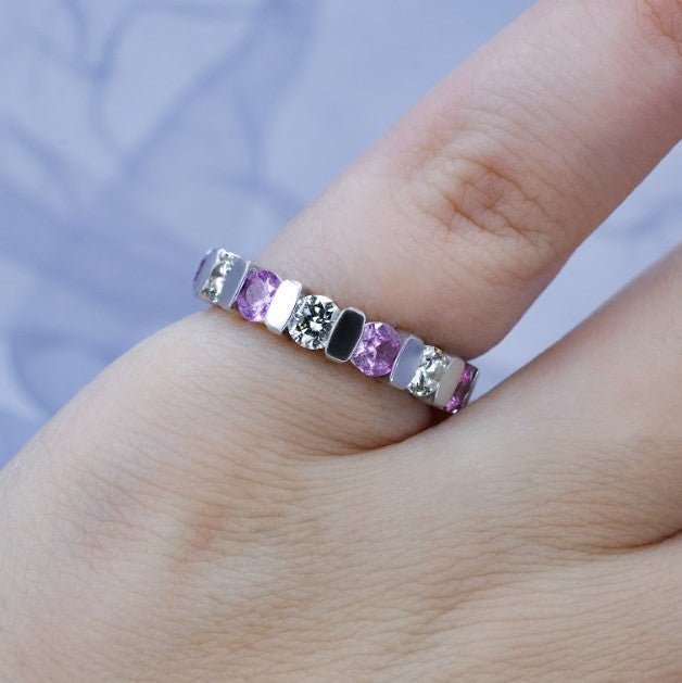 Radiant 3.20CT Round Cut Diamond and Pink Sapphire Eternity Ring in Platinum - Primestyle.com