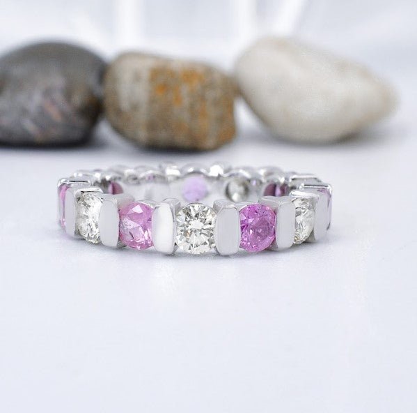 Radiant 3.20CT Round Cut Diamond and Pink Sapphire Eternity Ring in Platinum
