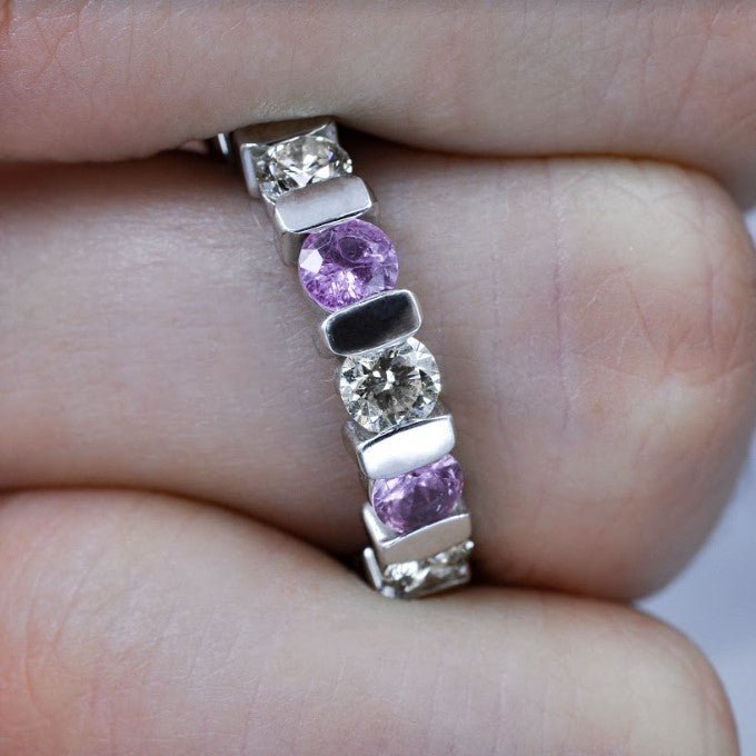 Radiant 3.20CT Round Cut Diamond and Pink Sapphire Eternity Ring in Platinum - Primestyle.com