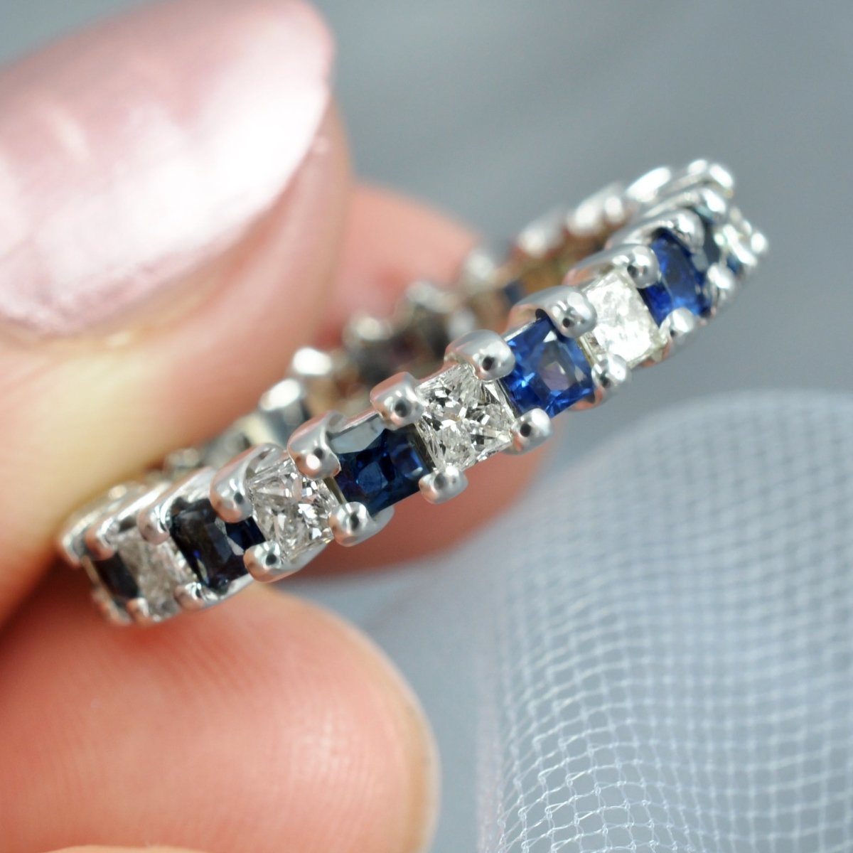 Sapphire Band, Full Eternity Band, Blue Sapphire Princess Cut Diamond Engagement Ring, Stacking Wedding Band, on sale 14K Solid White Gold Band Ring