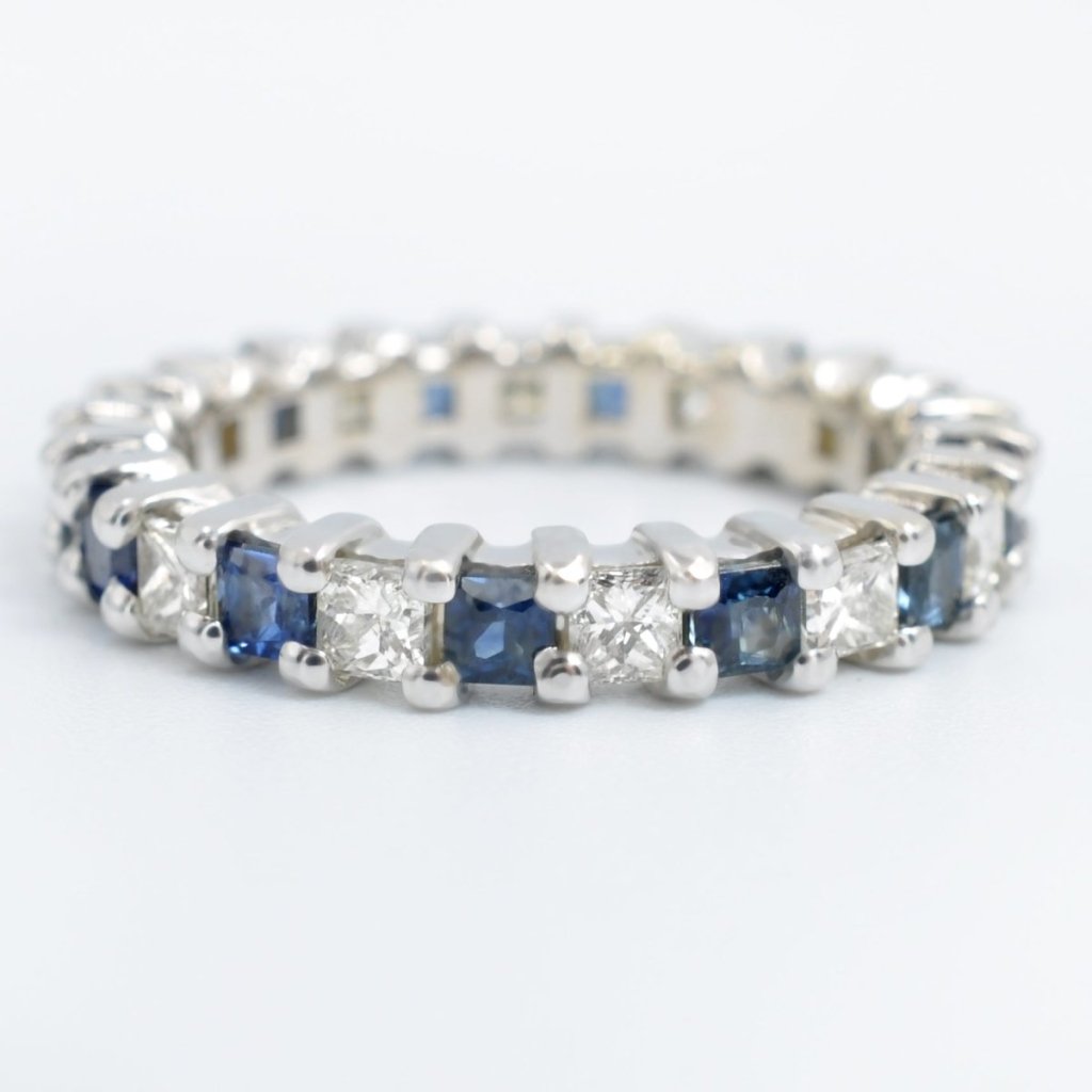 Reduced 3.40 CT Princess Cut Blue Sapphire and Diamond Eternity Ring in 14 KT White Gold - Primestyle.com
