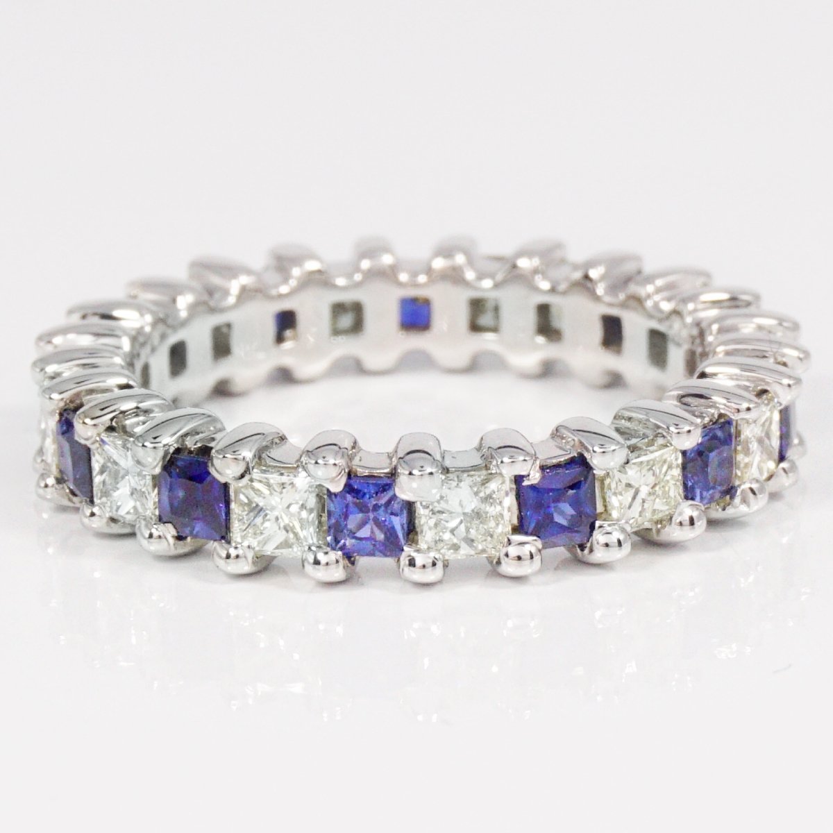 Reduced 3.40 CT Princess Cut Blue Sapphire and Diamond Eternity Ring in 14 KT White Gold