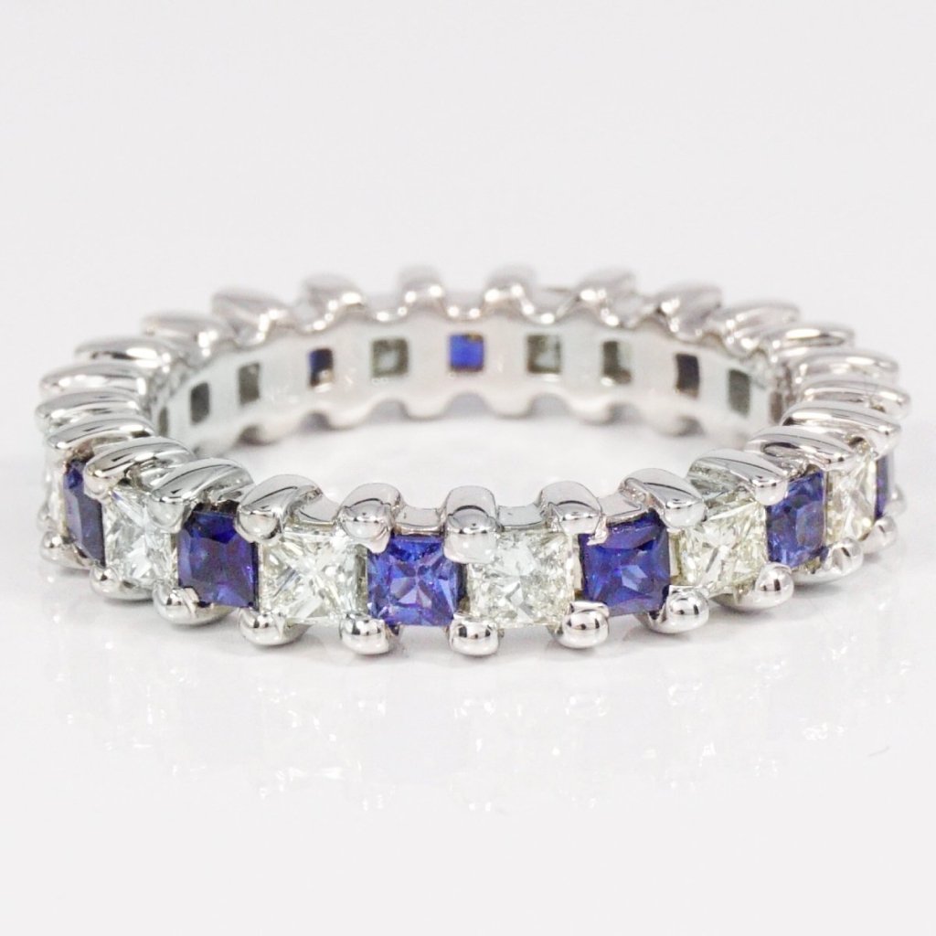 Reduced 3.40 CT Princess Cut Blue Sapphire and Diamond Eternity Ring in 14 KT White Gold - Primestyle.com