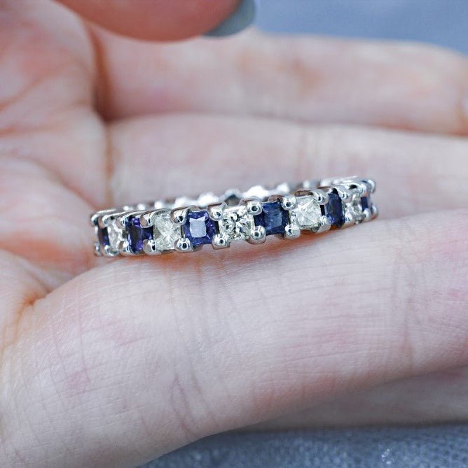 Reduced 3.40 CT Princess Cut Blue Sapphire and Diamond Eternity Ring in 14 KT White Gold