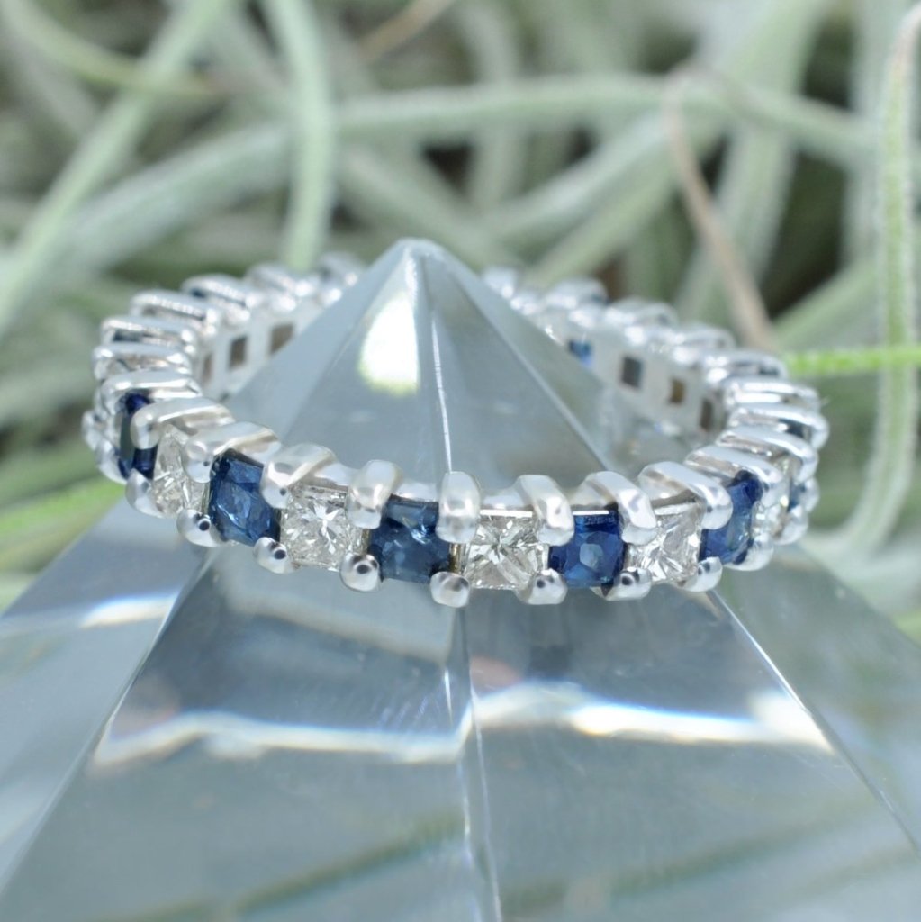 Reduced 3.40 CT Princess Cut Blue Sapphire and Diamond Eternity Ring in 14 KT White Gold