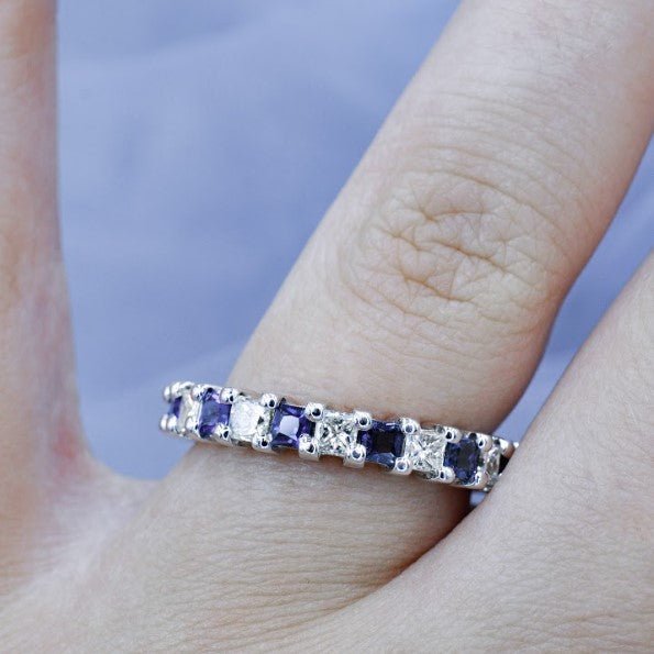 Reduced 3.40 CT Princess Cut Blue Sapphire and Diamond Eternity Ring in 14 KT White Gold
