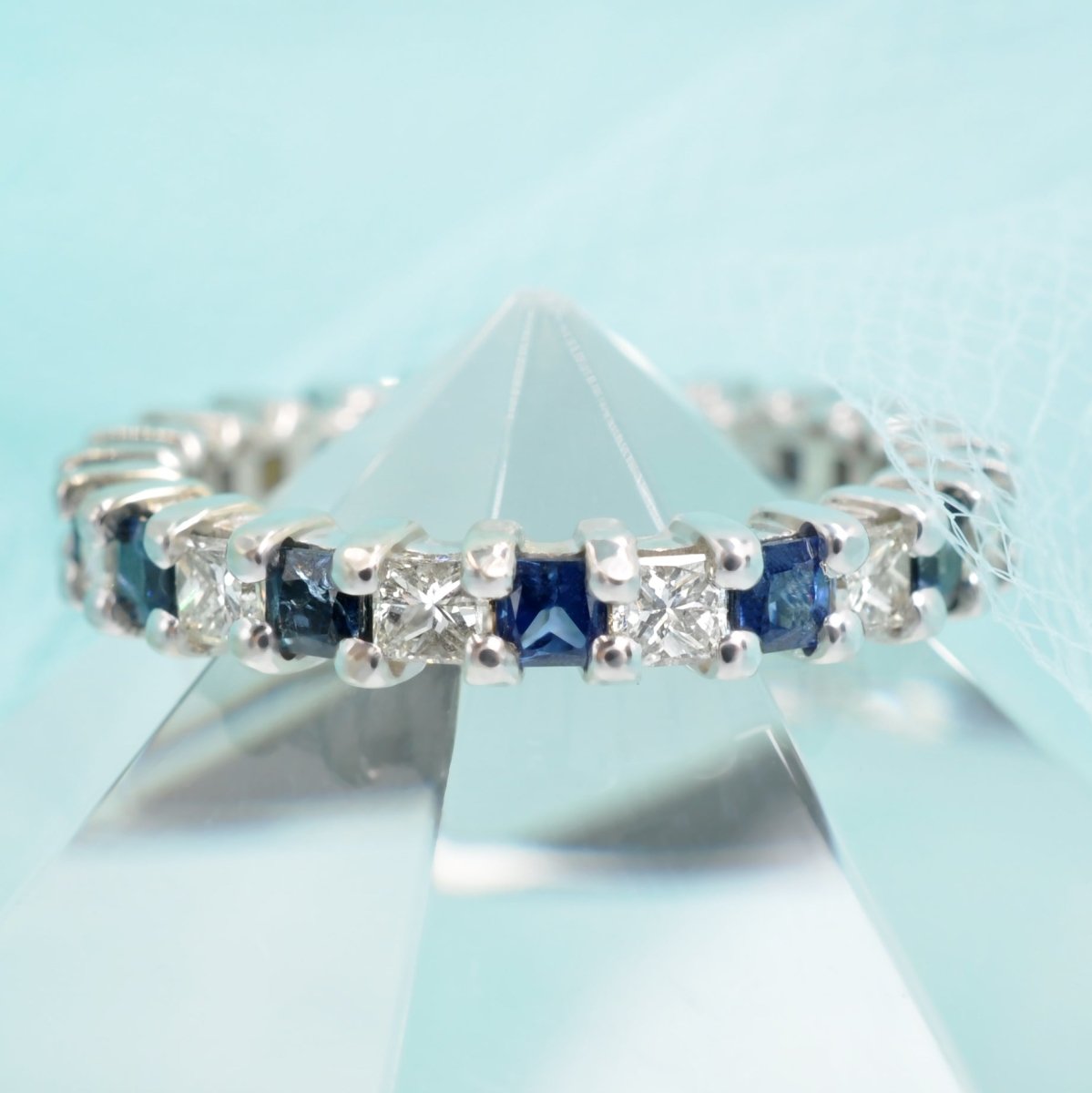 Reduced 3.40 CT Princess Cut Blue Sapphire and Diamond Eternity Ring in 14 KT White Gold