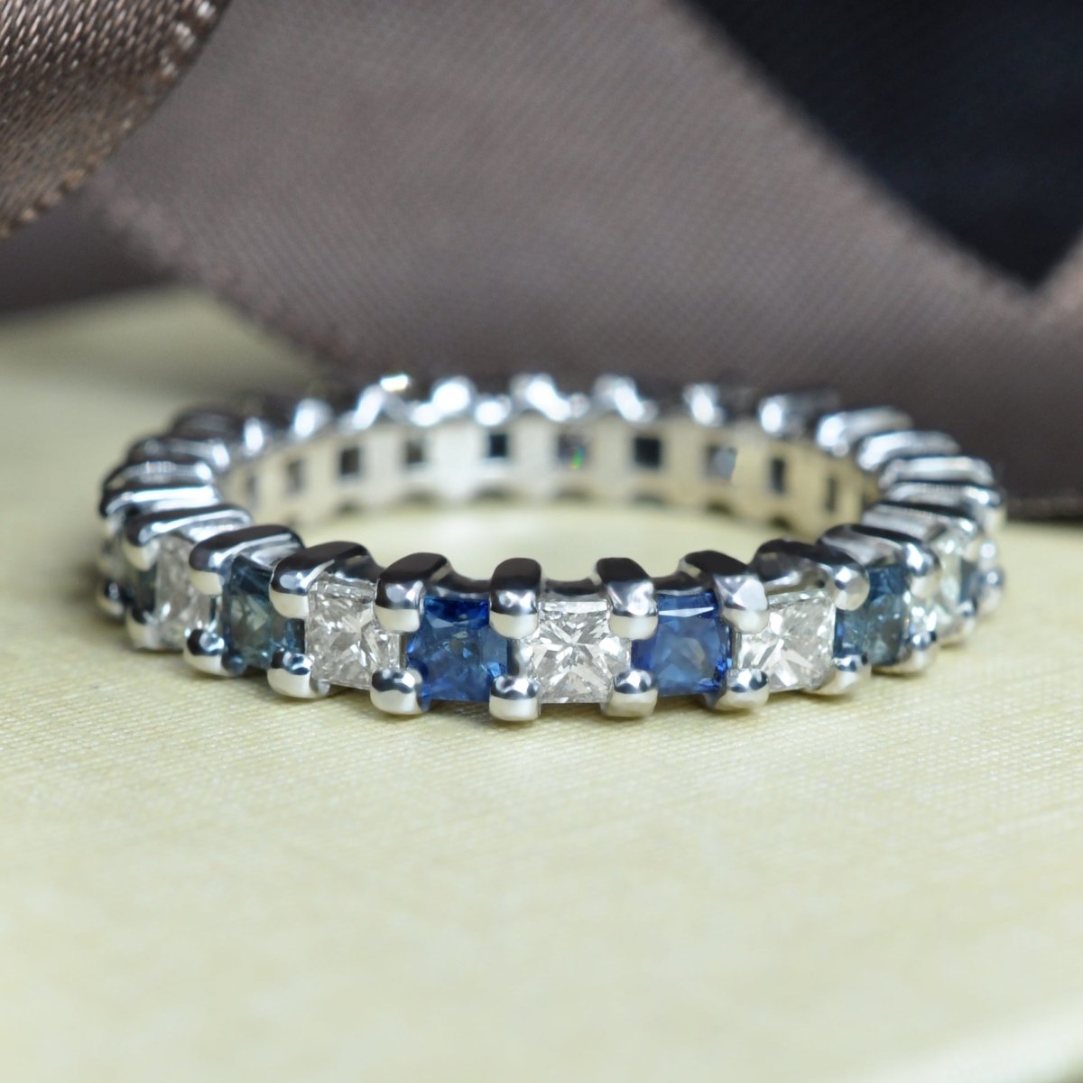 Reduced 3.40 CT Princess Cut Blue Sapphire and Diamond Eternity Ring in 14 KT White Gold