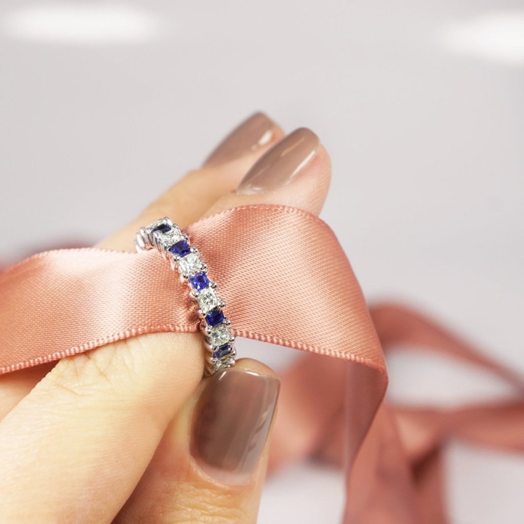 Reduced 3.40 CT Princess Cut Blue Sapphire and Diamond Eternity Ring in 14 KT White Gold - Primestyle.com