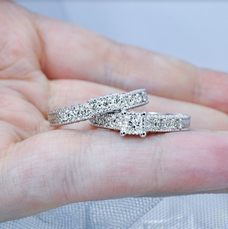 Risk-Free 1.00 CT Round Cut Diamond Bridal Set in 14KT White Gold - Primestyle.com
