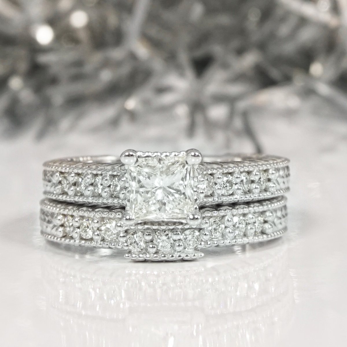 Risk-Free 1.00 CT Round Cut Diamond Bridal Set in 14KT White Gold - Primestyle.com