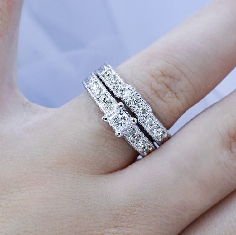 Risk-Free 1.00 CT Round Cut Diamond Bridal Set in 14KT White Gold - Primestyle.com
