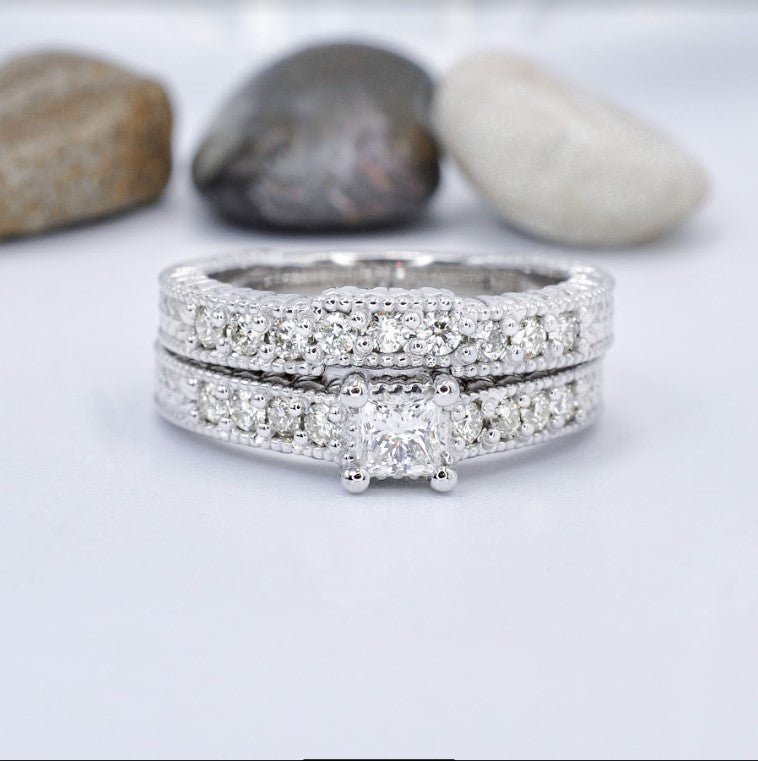 Risk-Free 1.00 CT Round Cut Diamond Bridal Set in 14KT White Gold - Primestyle.com