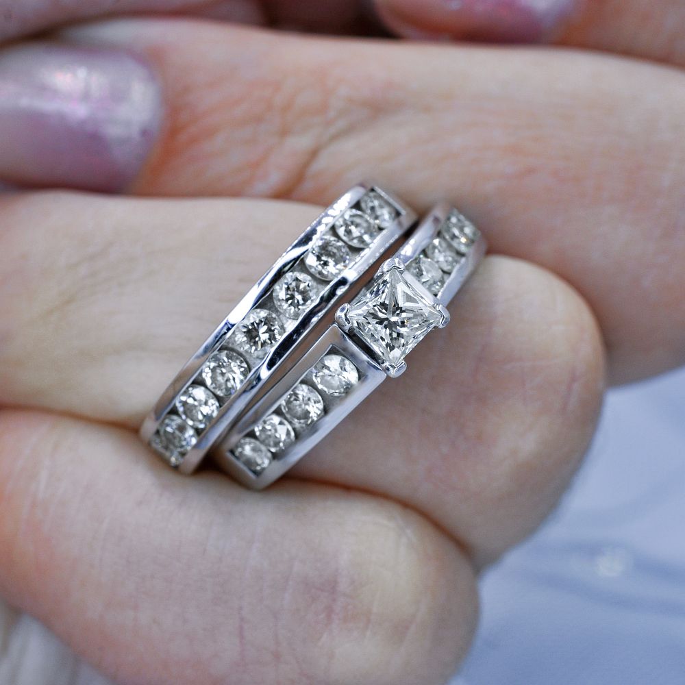 Sophisticated 1.80CT Princess and Round Cut Diamond Bridal set in 14KT White Gold