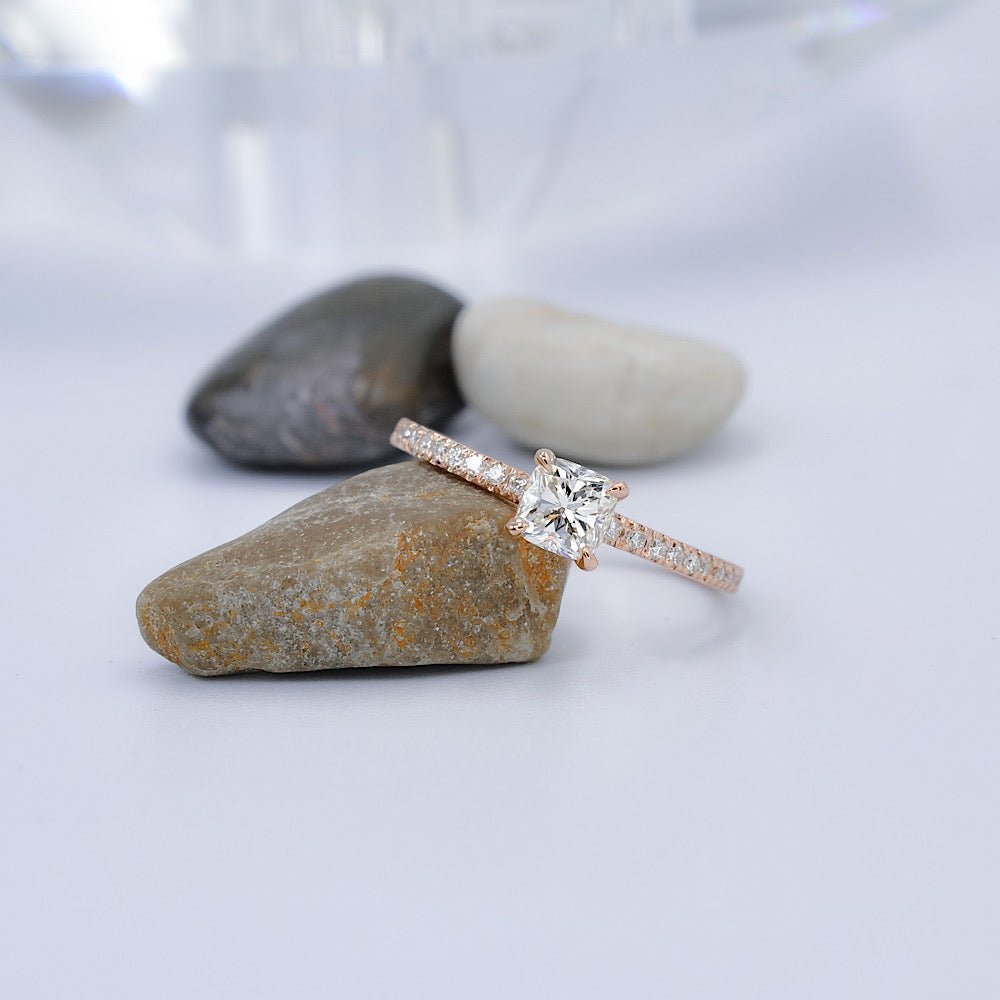 Special 0.80CT Cushion and Round Cut Diamond Engagement Ring in 14KT Rose Gold