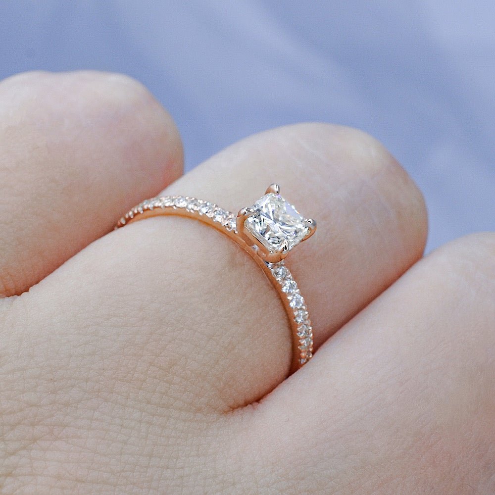 Special 0.80CT Cushion and Round Cut Diamond Engagement Ring in 14KT Rose Gold - Primestyle.com