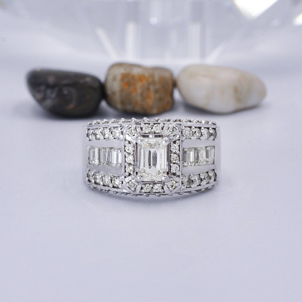 Special 2.50 CT Emerald and Round Cut Diamond Engagement Ring in 14KT White Gold - Primestyle.com