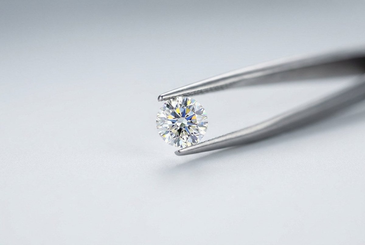 A diamond held in jeweler's tweezers