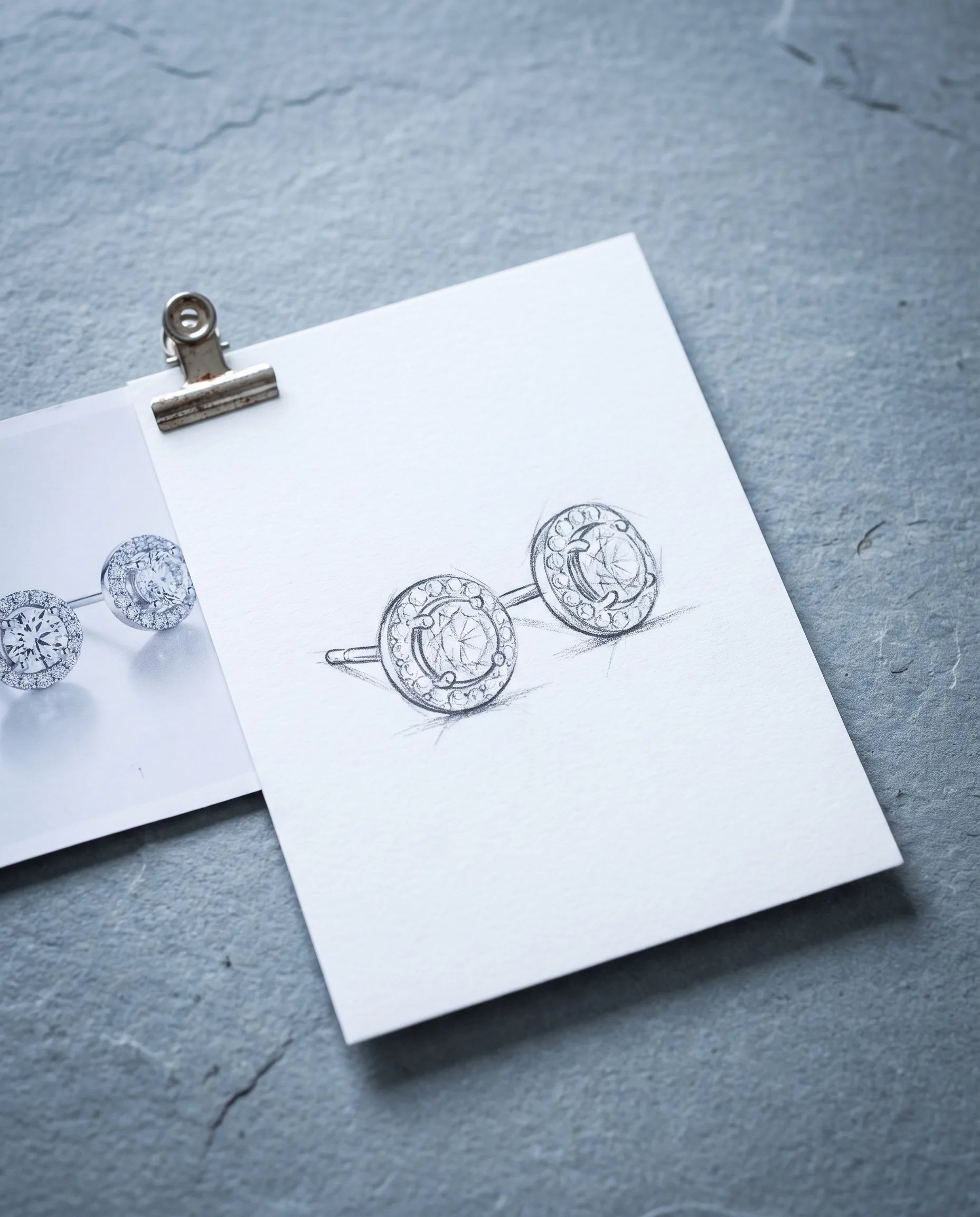 A pencil sketch of halo stud earrings beside a printed inspiration photo