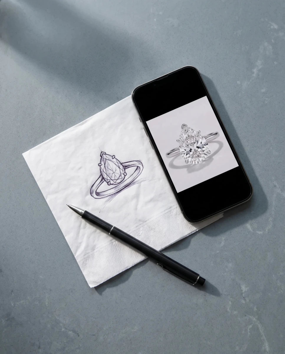 A napkin sketch of a pear-shaped ring next to a saved phone photo