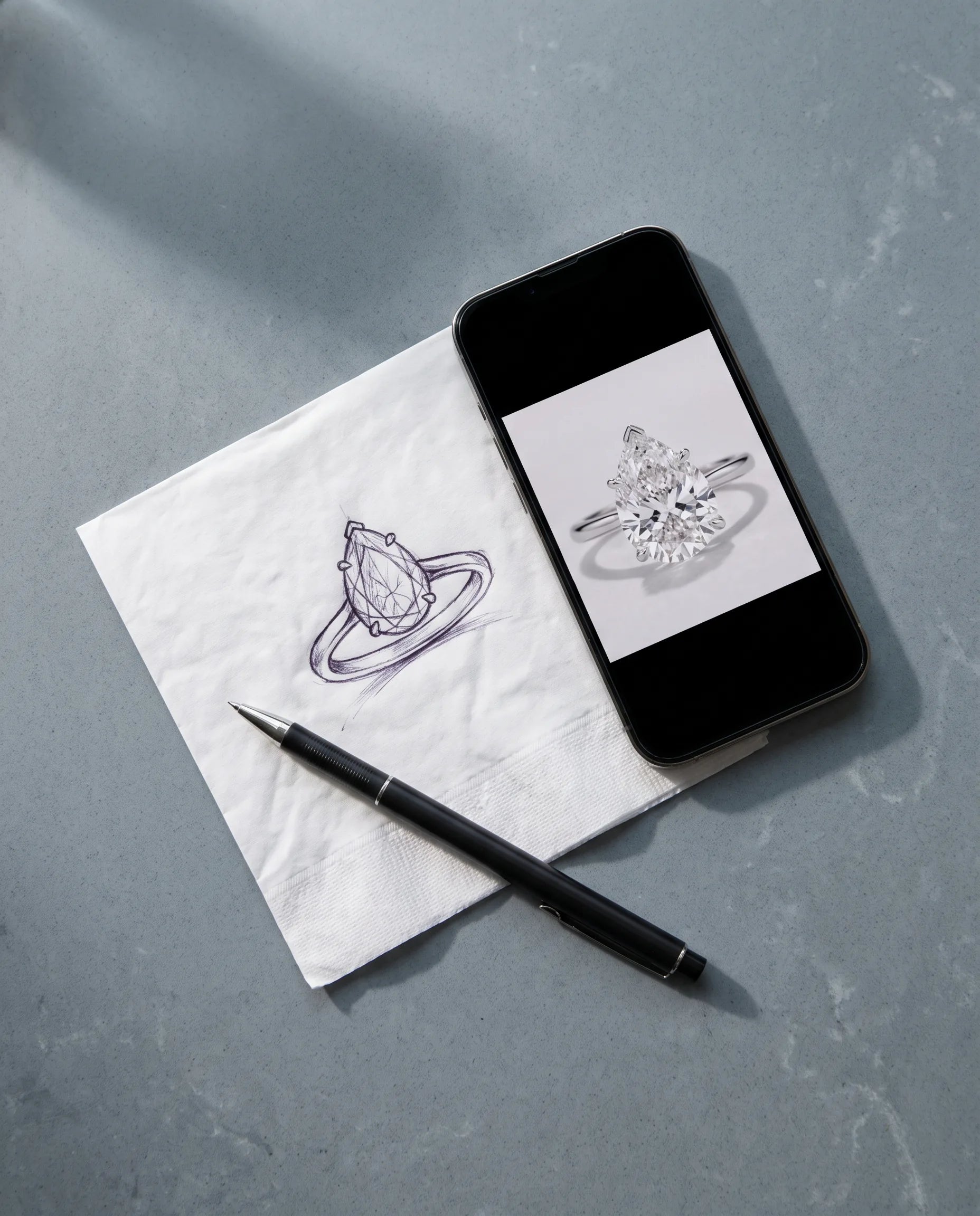 A napkin sketch of a pear-shaped ring next to a saved phone photo