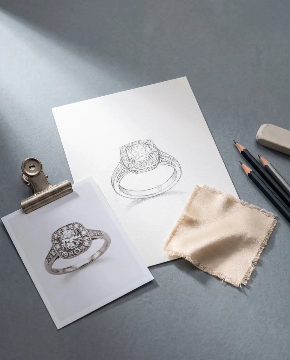 Pencil sketch of a cushion halo ring with a clipped inspiration photo