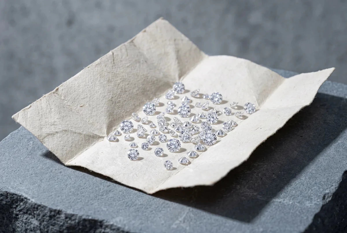 An open parcel paper holding a handful of loose round diamonds of mixed sizes