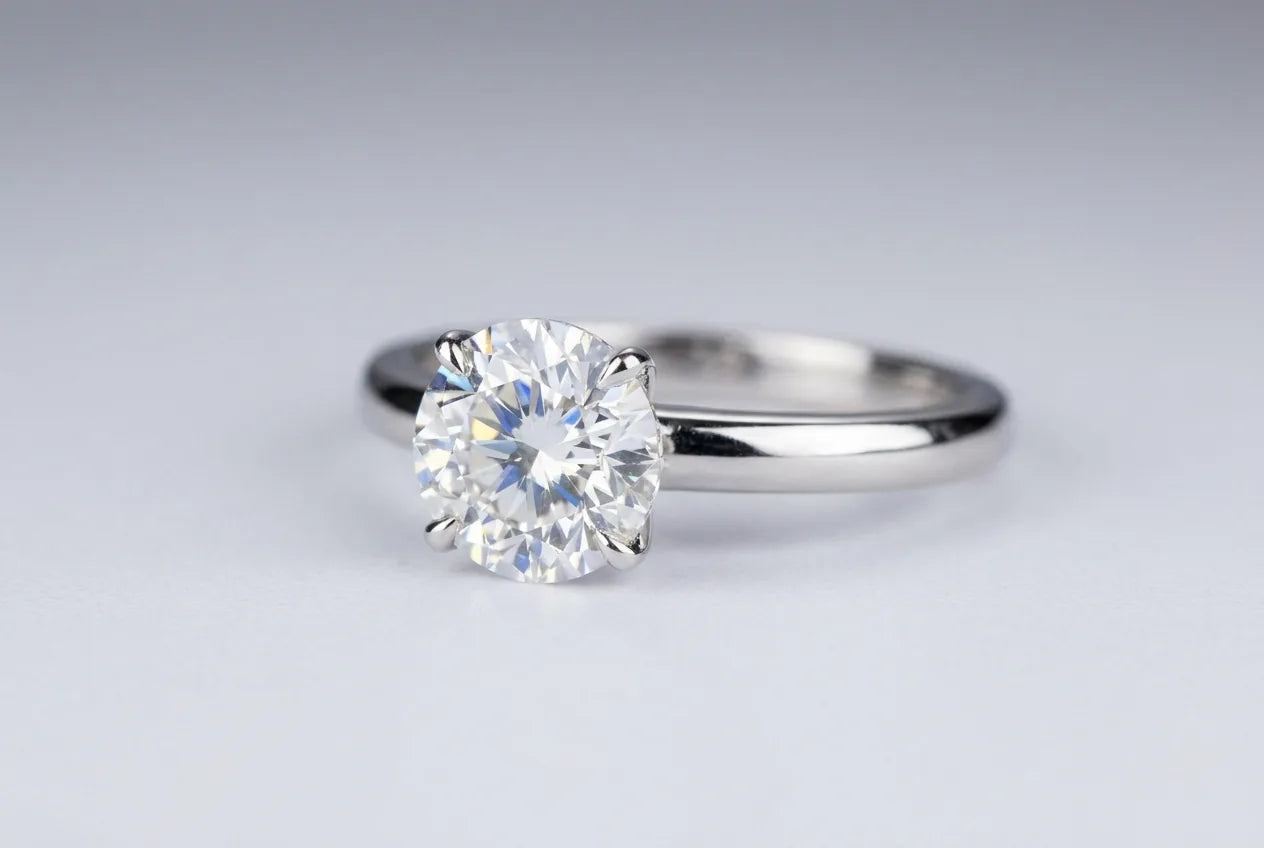 A round diamond in a white gold solitaire ring, facing up bright and white