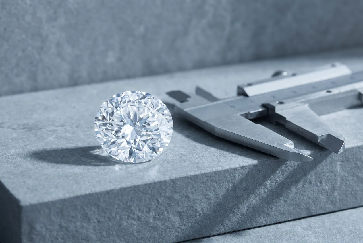 A loose round brilliant diamond beside an open millimeter gauge on a gray stone surface