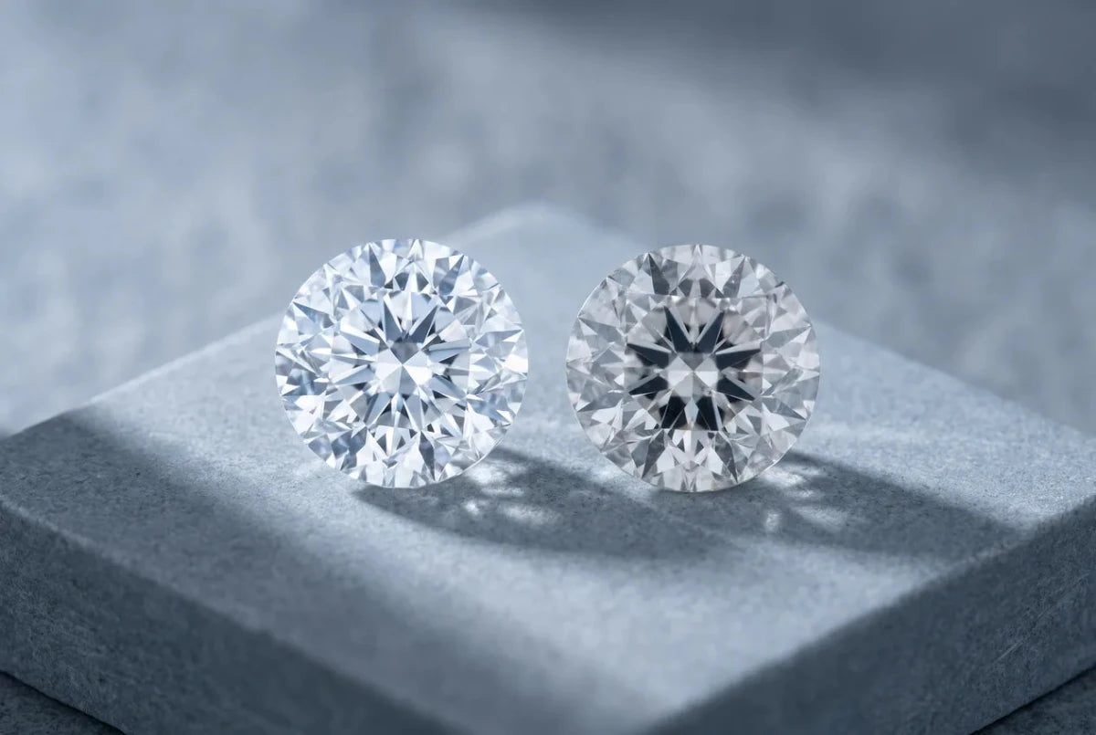 Two round diamonds side by side, the left one bright with returned light and the right one dark through the middle