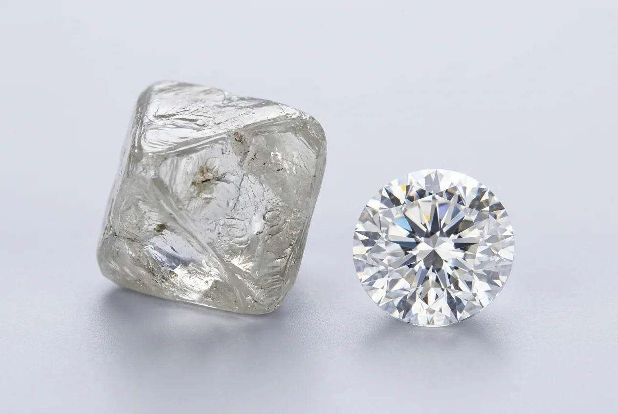 A rough diamond crystal beside a finished polished round brilliant diamond