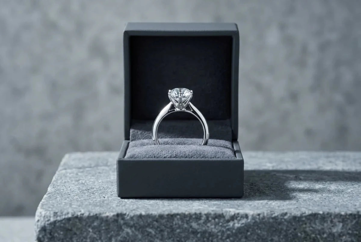 A white gold solitaire diamond engagement ring presented upright in an open ring box