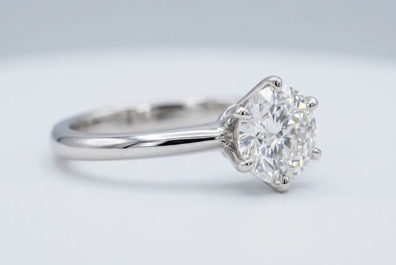 Macro close-up of a six-prong white gold solitaire setting holding a round diamond