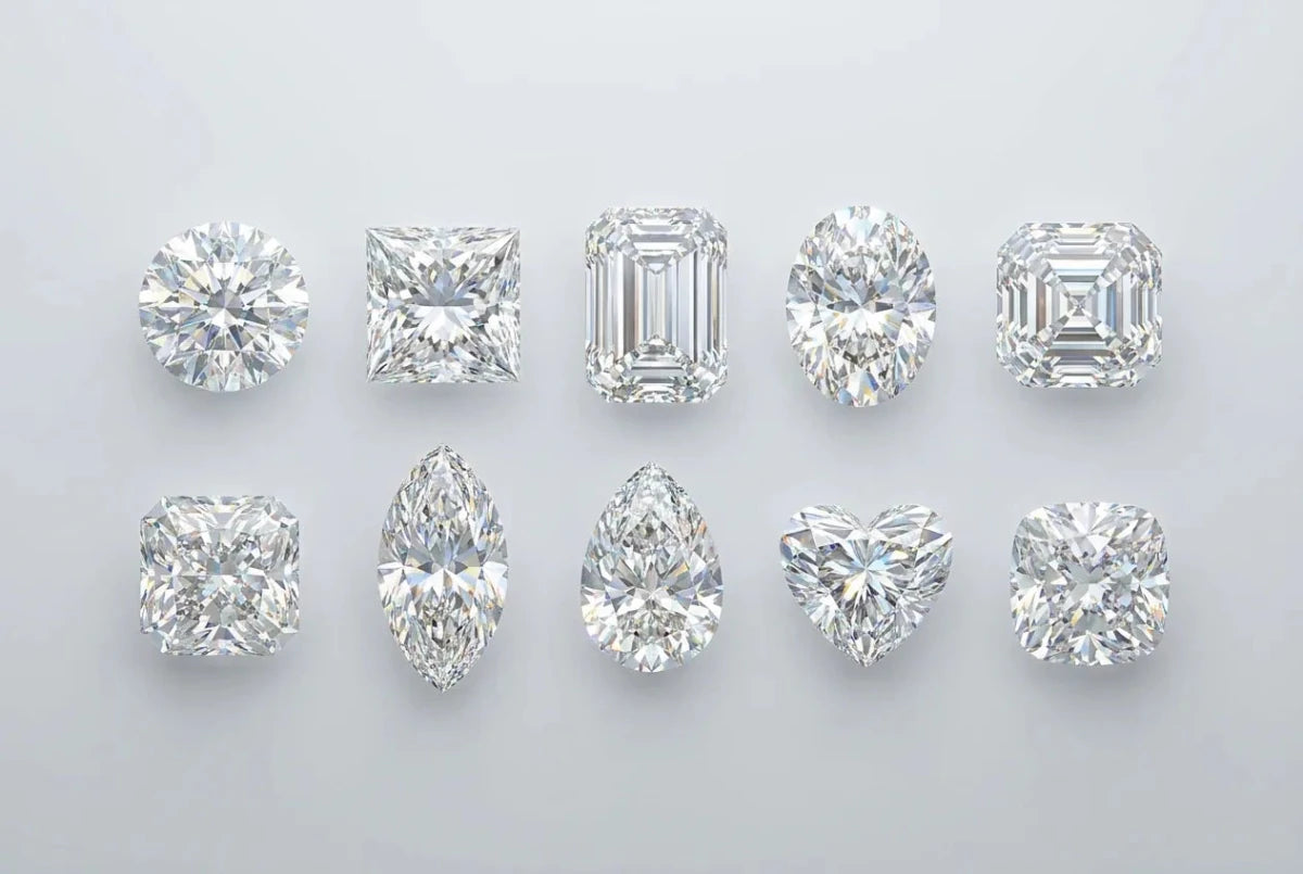 Ten loose diamonds in different cuts arranged in a grid, seen from above
