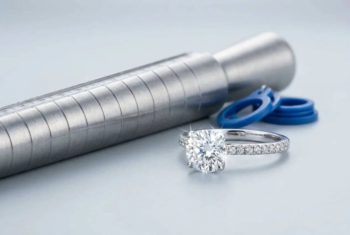 A diamond ring beside a steel ring mandrel and plastic ring sizer gauges