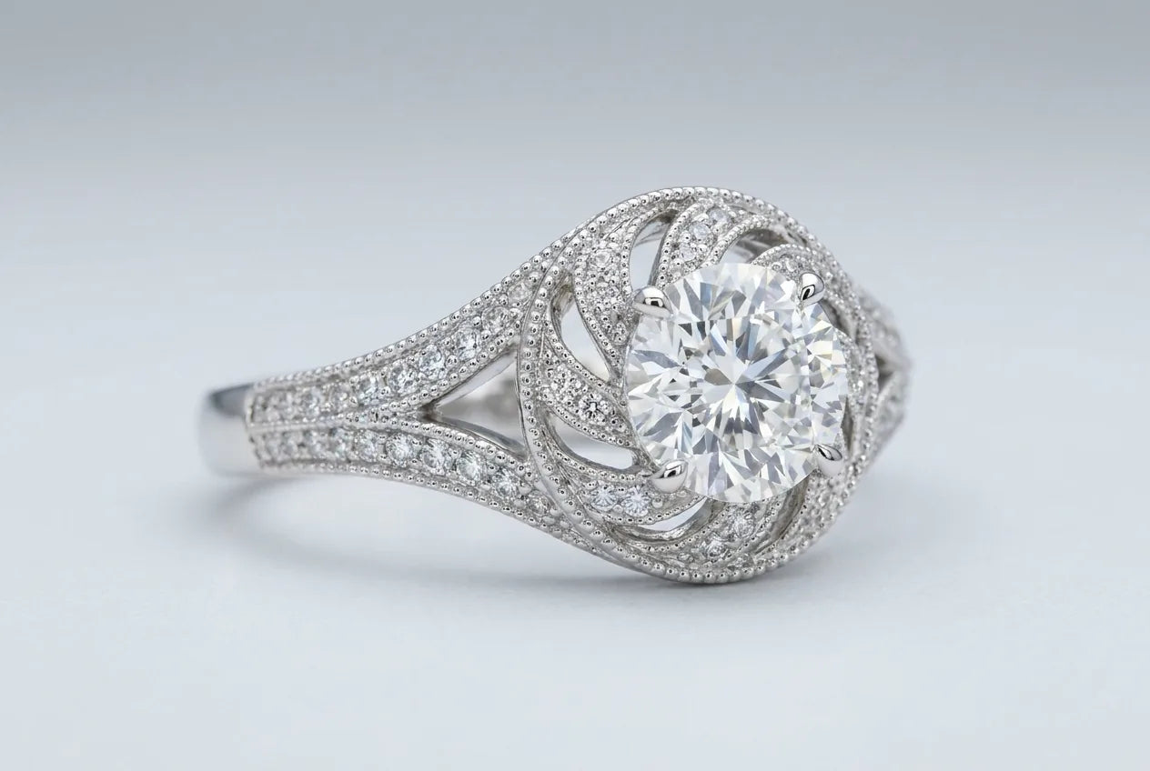 Ornate ring with a large center diamond and intricate diamond-encrusted metalwork