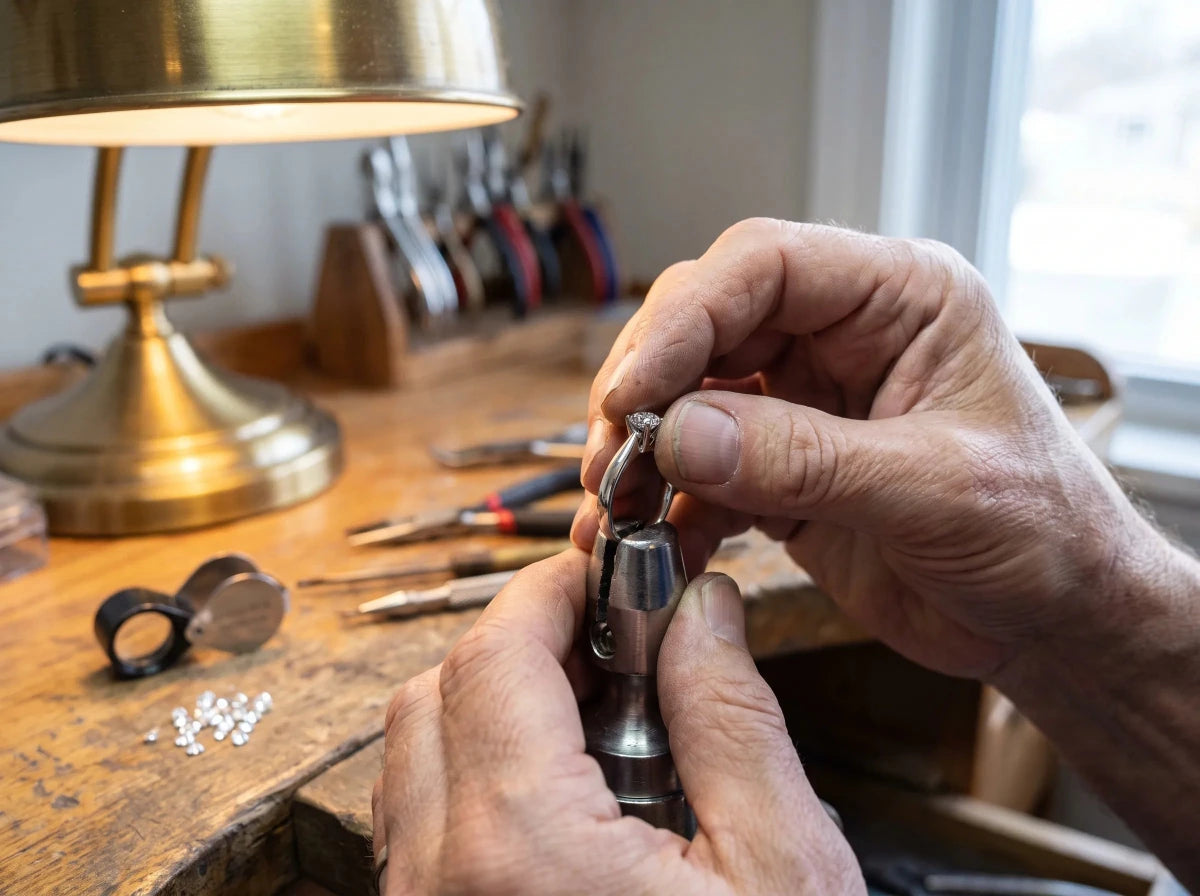 Hands polishing a ring at the jewelry bench