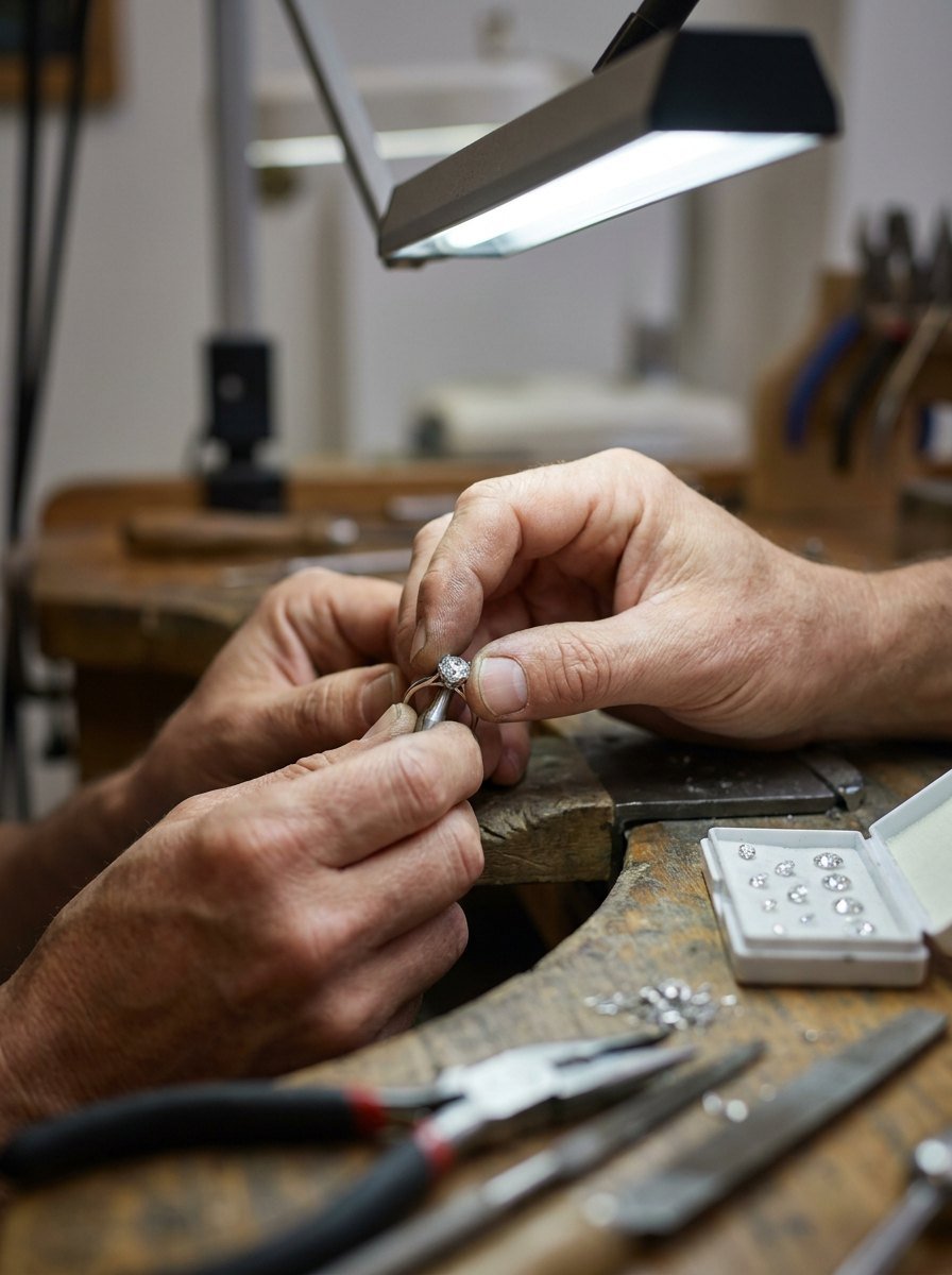A PrimeStyle jeweler setting a diamond at the workbench