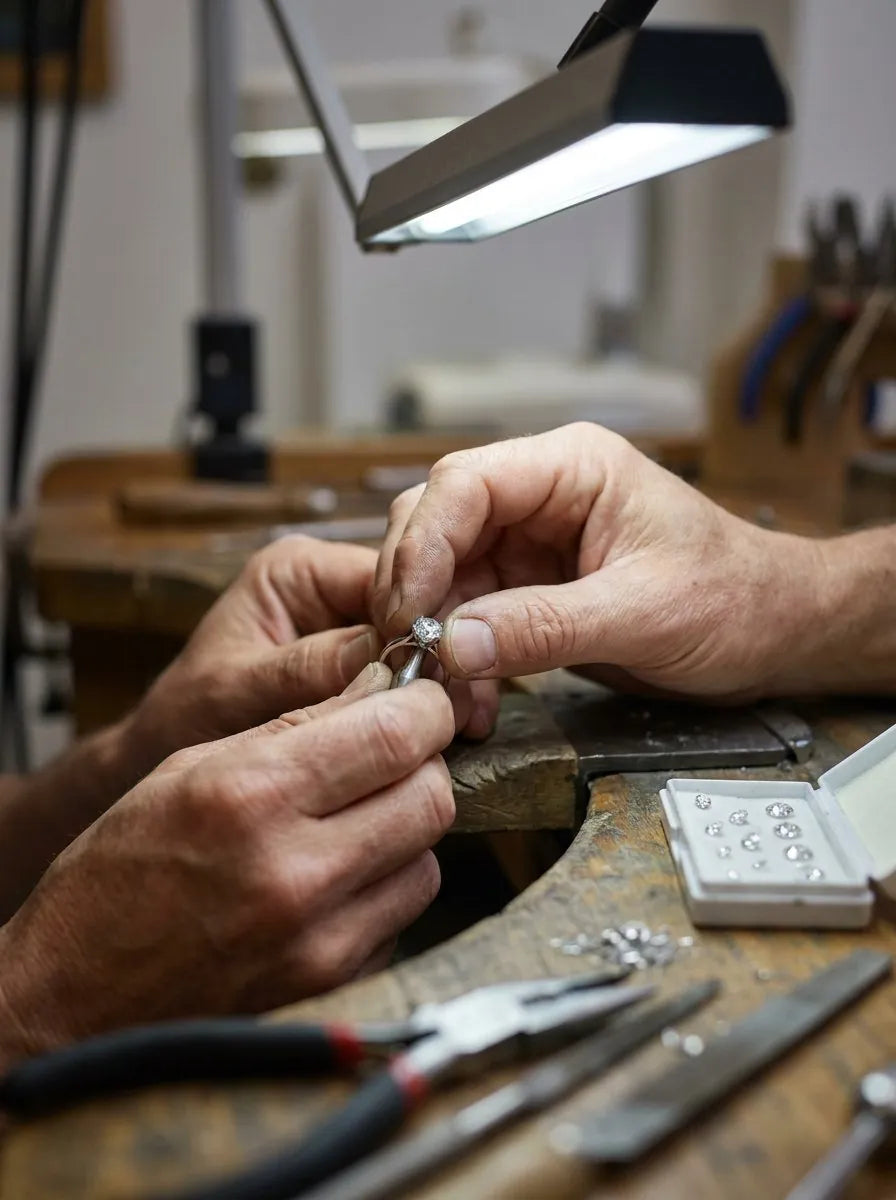 A jeweler's hands setting a round diamond into a white gold ring at a workbench